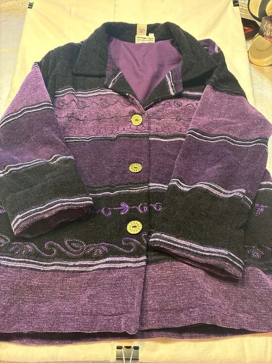 Coldwater Creek Jackets & Blazers - Coldwater Creek Purple Black Embroidered Chenille Button Up Jacket Size L